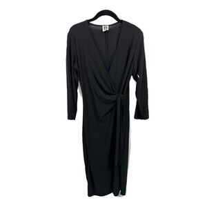 Anne Klein Sz Small Stretch Faux Wrap Dress LBD Long Sleeve Deep V